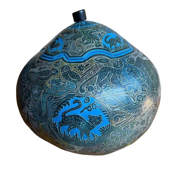 Vintage Bali Lacquered Paper Mache Kadjar Blue Cat Birds Carved Etched Gourd